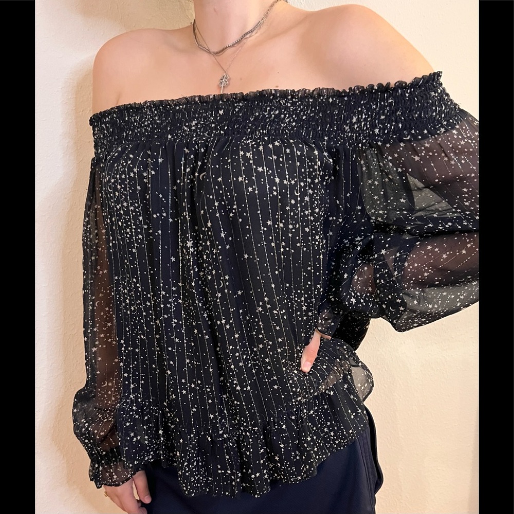 Love Shack Fancy Sexy sheer top, Sz 1, navy with metallic silver threads